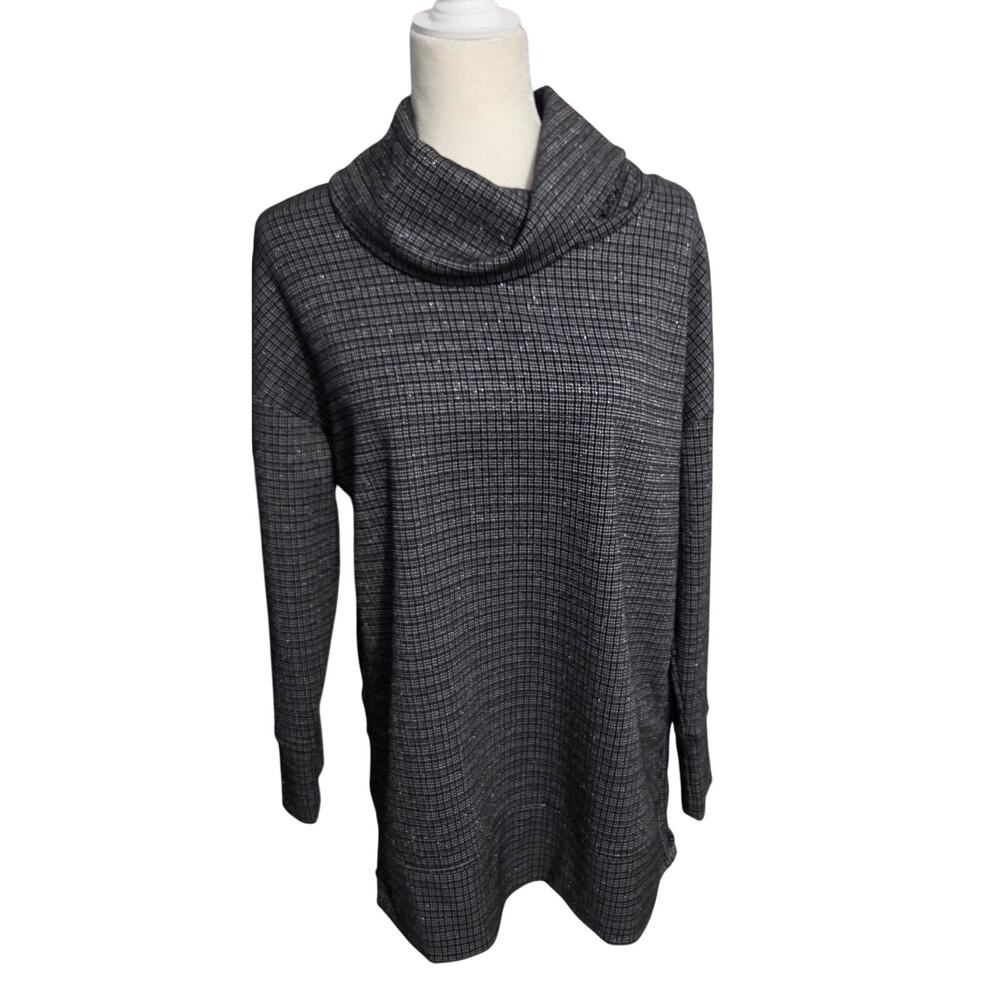 JONES New York Signature Sweater Tunic Mock Neck Long Sleeve Metallic Plaid M